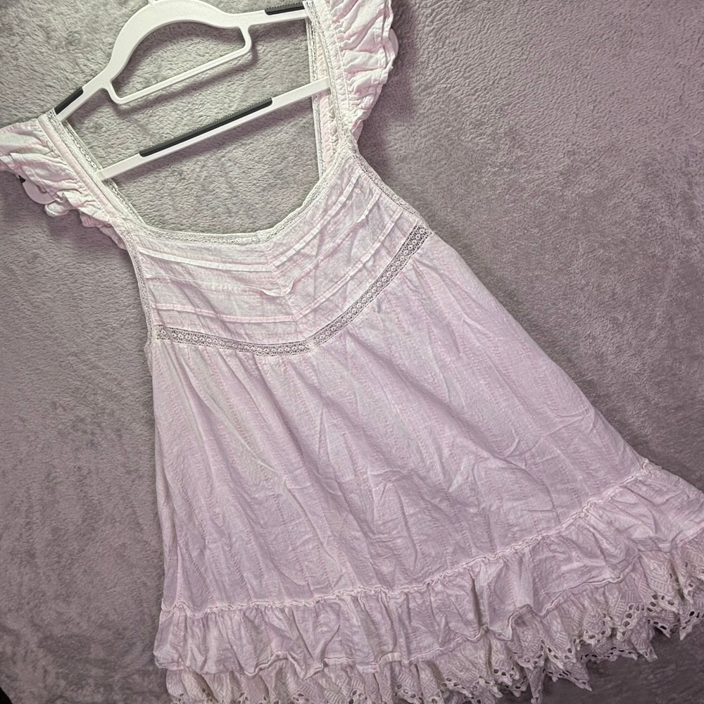 Shabby Chic Women Dress Sz Medium White Pink Striped Eyelet Ruffle Boho Tunic